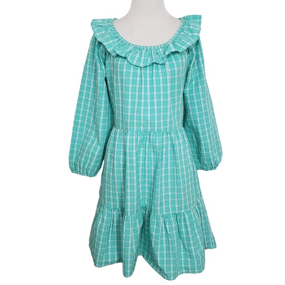 J Crew Factory Seersucker Ruffleneck Mini Dress Womens Size 6 Aqua Plaid Cotton